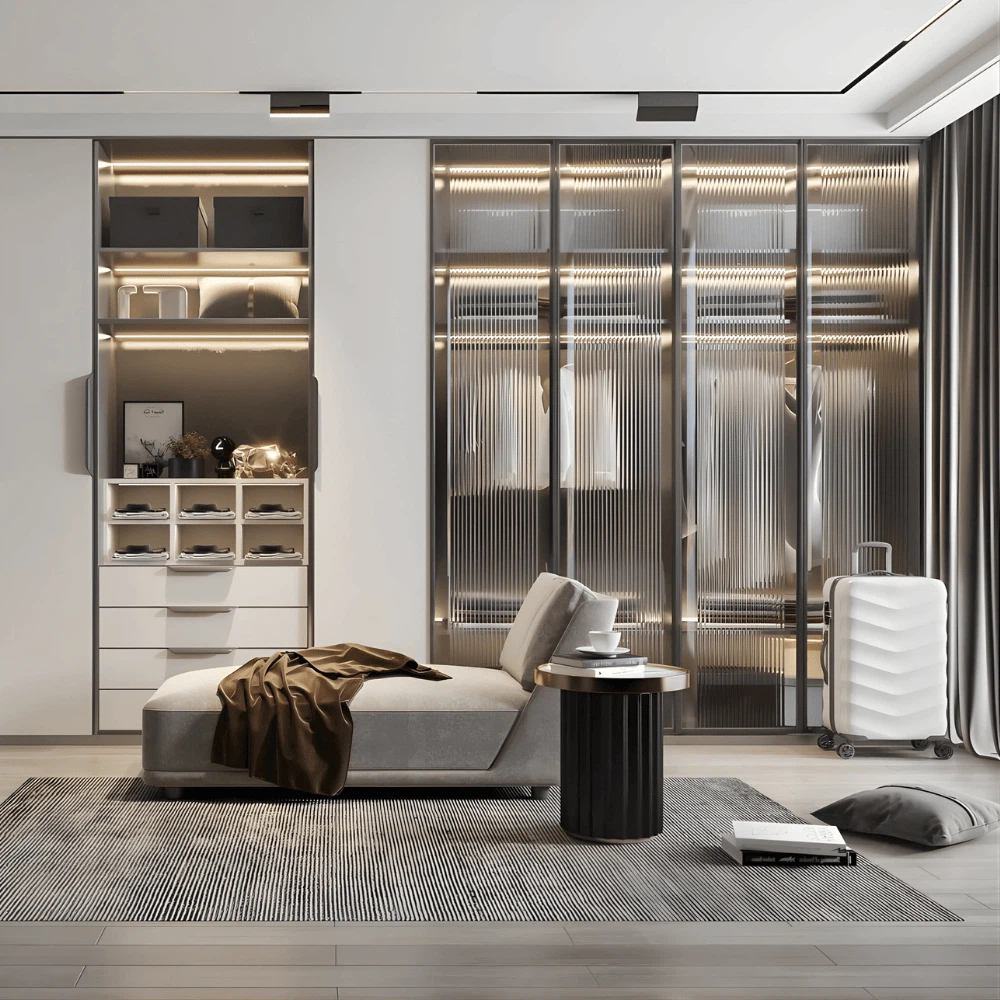 Stylish modern glass wardrobe with sliding doors and integrated lighting beside a minimalist lounge area. Stylish modern glass wardrobe with sliding doors and integrated lighting beside a minimalist lounge area.