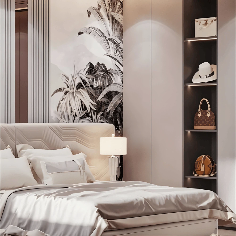 Modern Luxury Designer Bed with padded headboard and bedside lamp against a tropical leaf wall mural Modern Luxury Designer Bed with padded headboard and bedside lamp against a tropical leaf wall mural