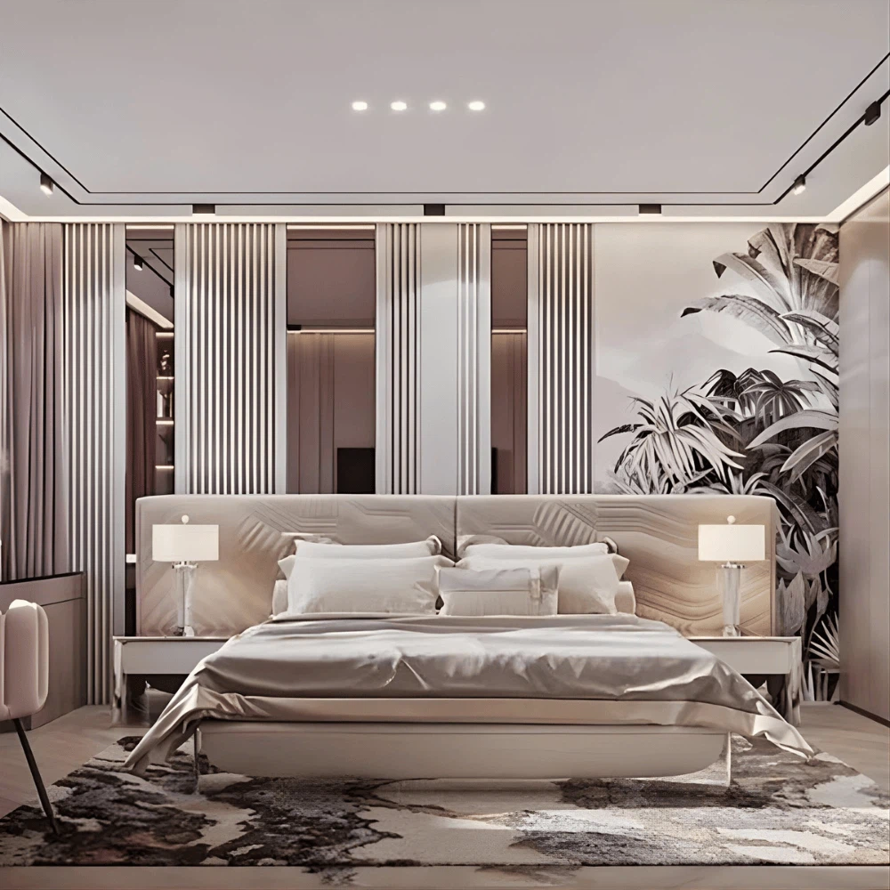Contemporary bedroom featuring the Modern Luxury Designer Bed with large upholstered headboard and symmetrical bedside tables Contemporary bedroom featuring the Modern Luxury Designer Bed with large upholstered headboard and symmetrical bedside tables
